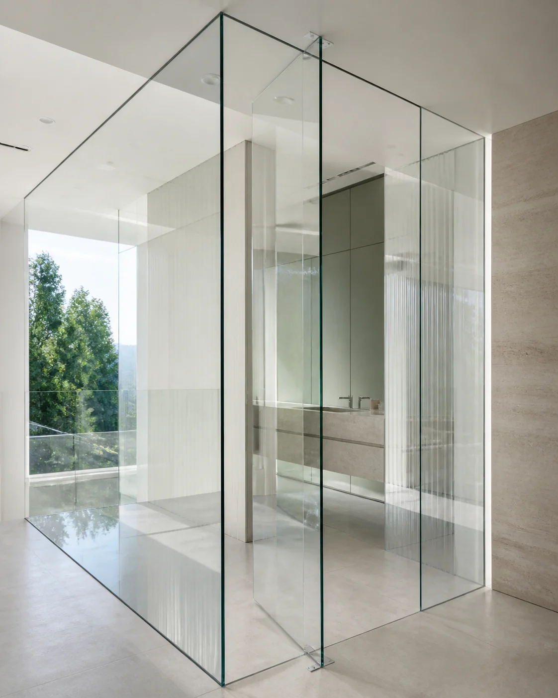 Raumhohe Architekturverglasung mit sichtbaren Glaskanten, Transparenz und präzisen Anschlüssen